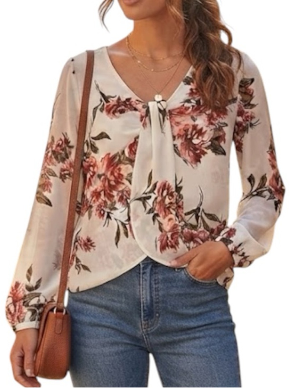 DYNAMITE Twist Front Floral Long Sleeve Blouse Medium Romantic